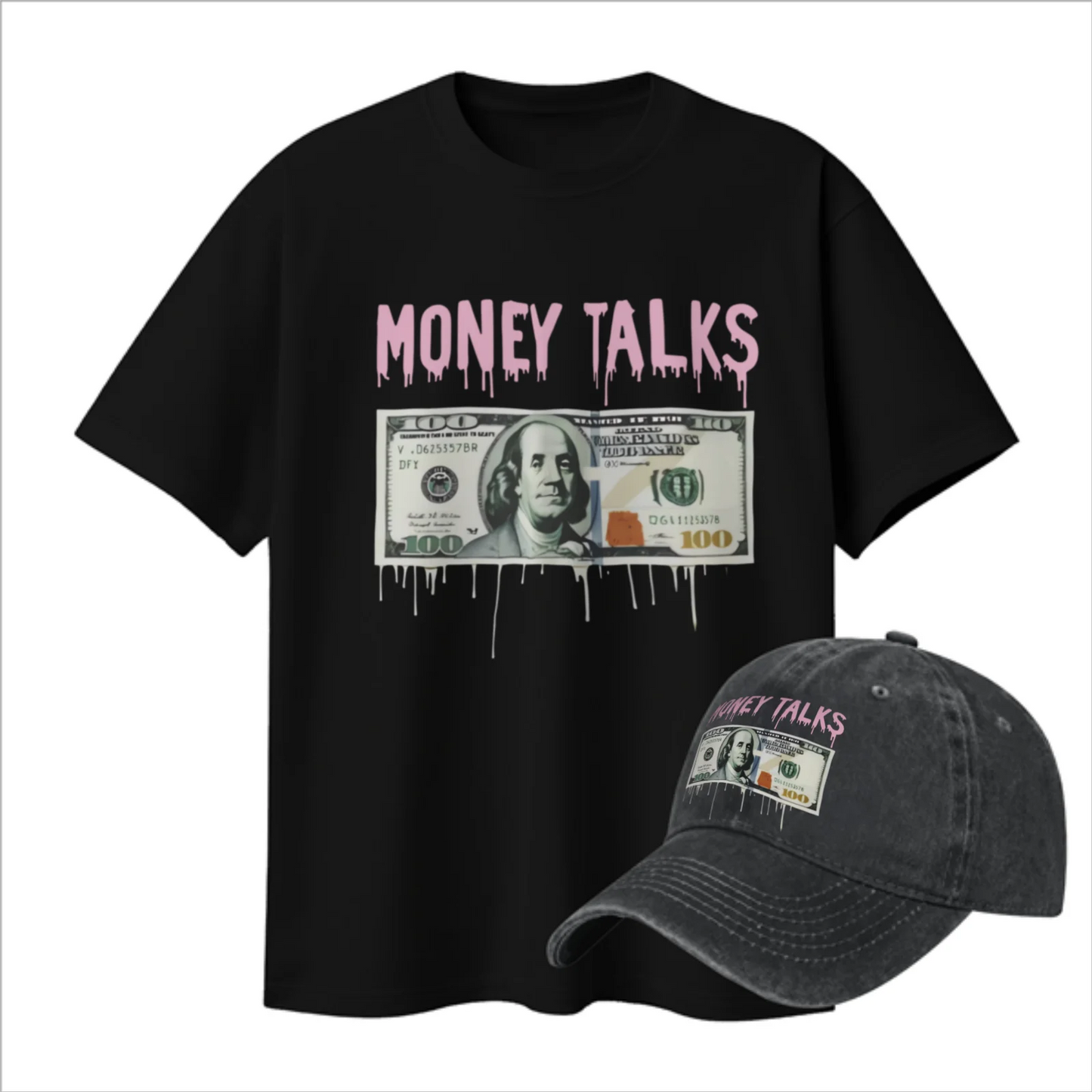 Money Talks Dollar Pattern Graphic Print Cotton Baseball Cap Washed Hat Set Daily Style Adjustable Headwear